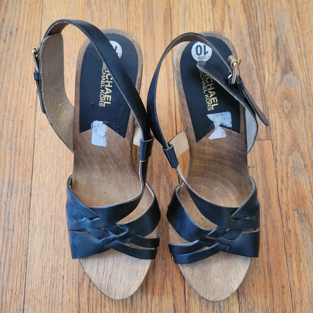 Michael Kors 10 Wedge Sandals Black Leather Wood Platform Open Toe Inglewood